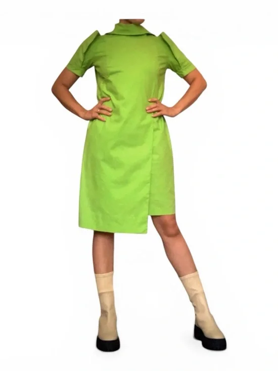 Handmade Architectural Lime Green Cotton Shift Dress - Avant Garde Mini - Picture 3 of 12
